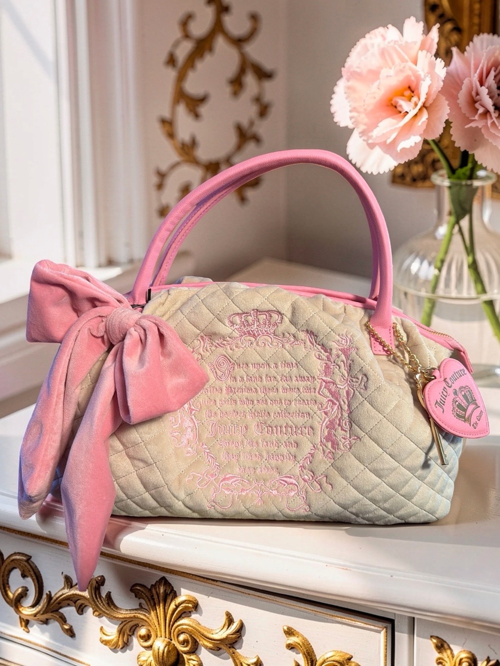 Juicy Couture NWT FairyTale Bowler Satchel Bag Quilted Velour Sandstone Pink